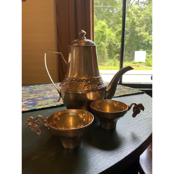 Other - Vintage Brass Tea Coffee Pot Set with 2 Leaf Handle Cups Embossed Floral Pattern